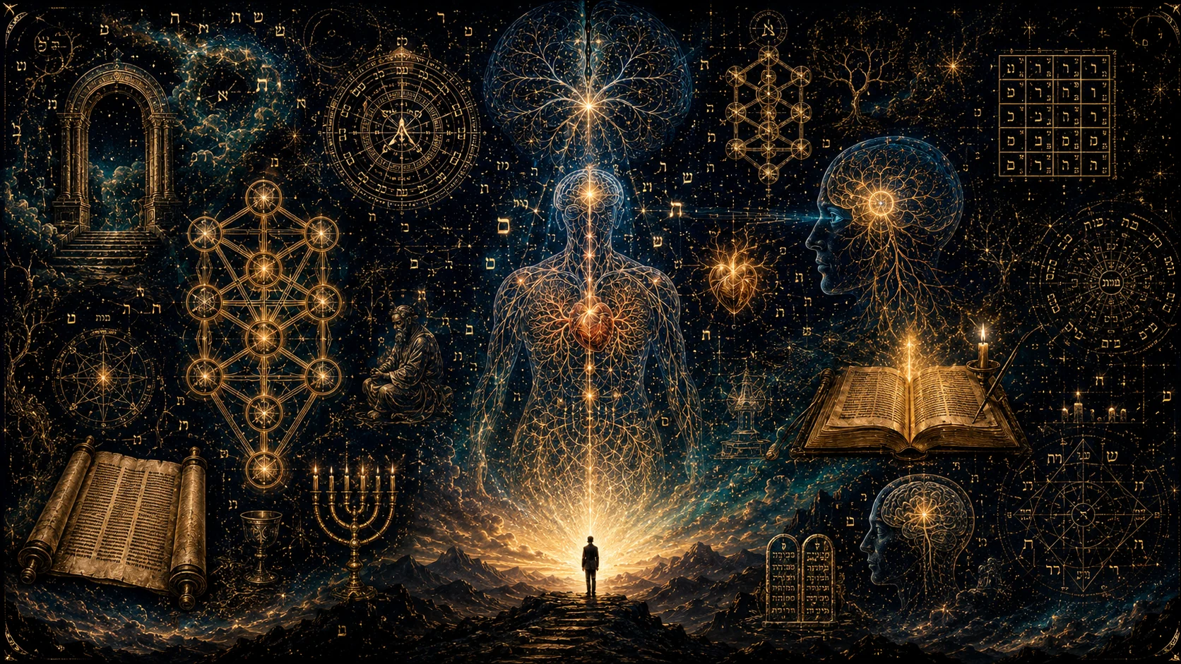Mapa visual da sabedoria judaica em azul lápis-lazúli e ouro