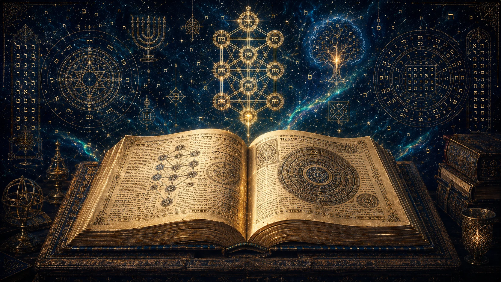 Livro aberto diante de mapas da Árvore da Vida