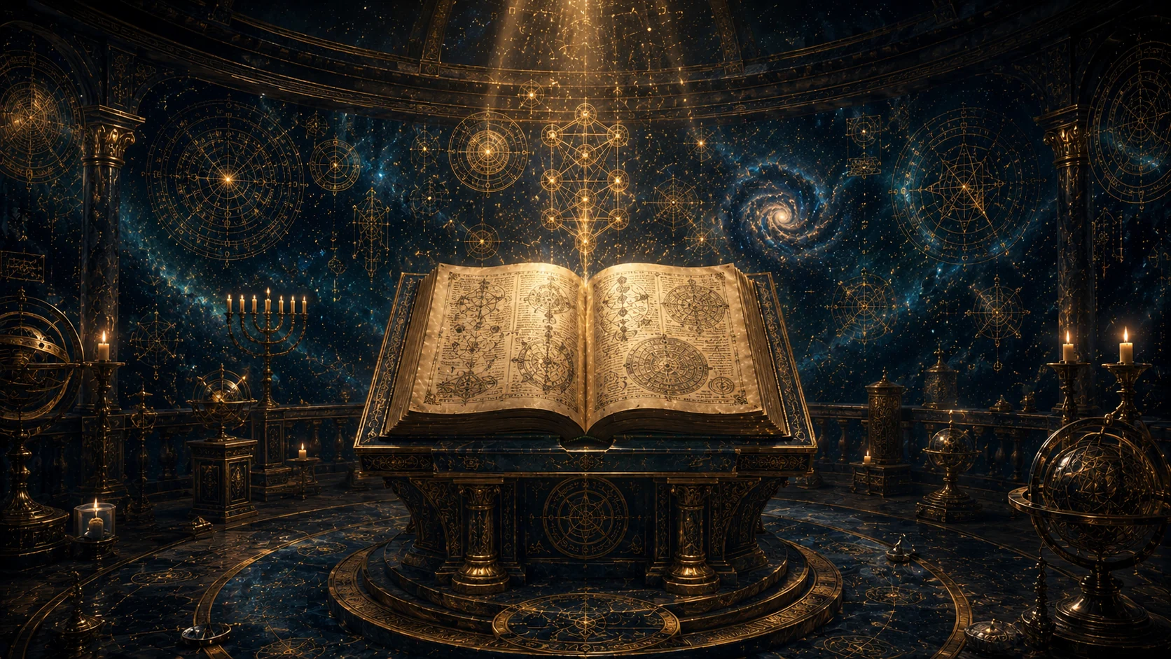 Livro aberto recebendo luz em um observatório simbólico