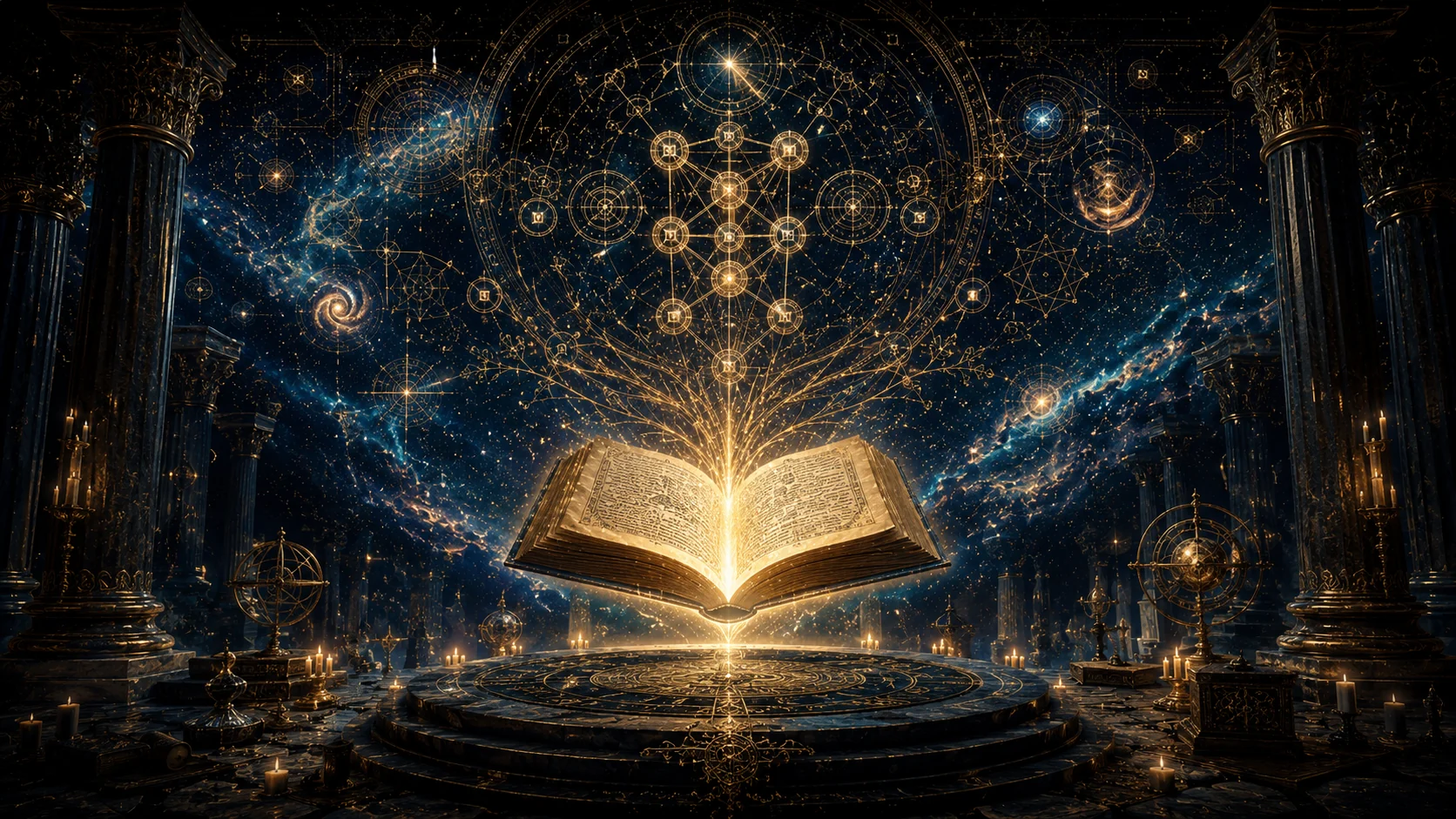 Livro iluminado no centro de um templo em azul e ouro
