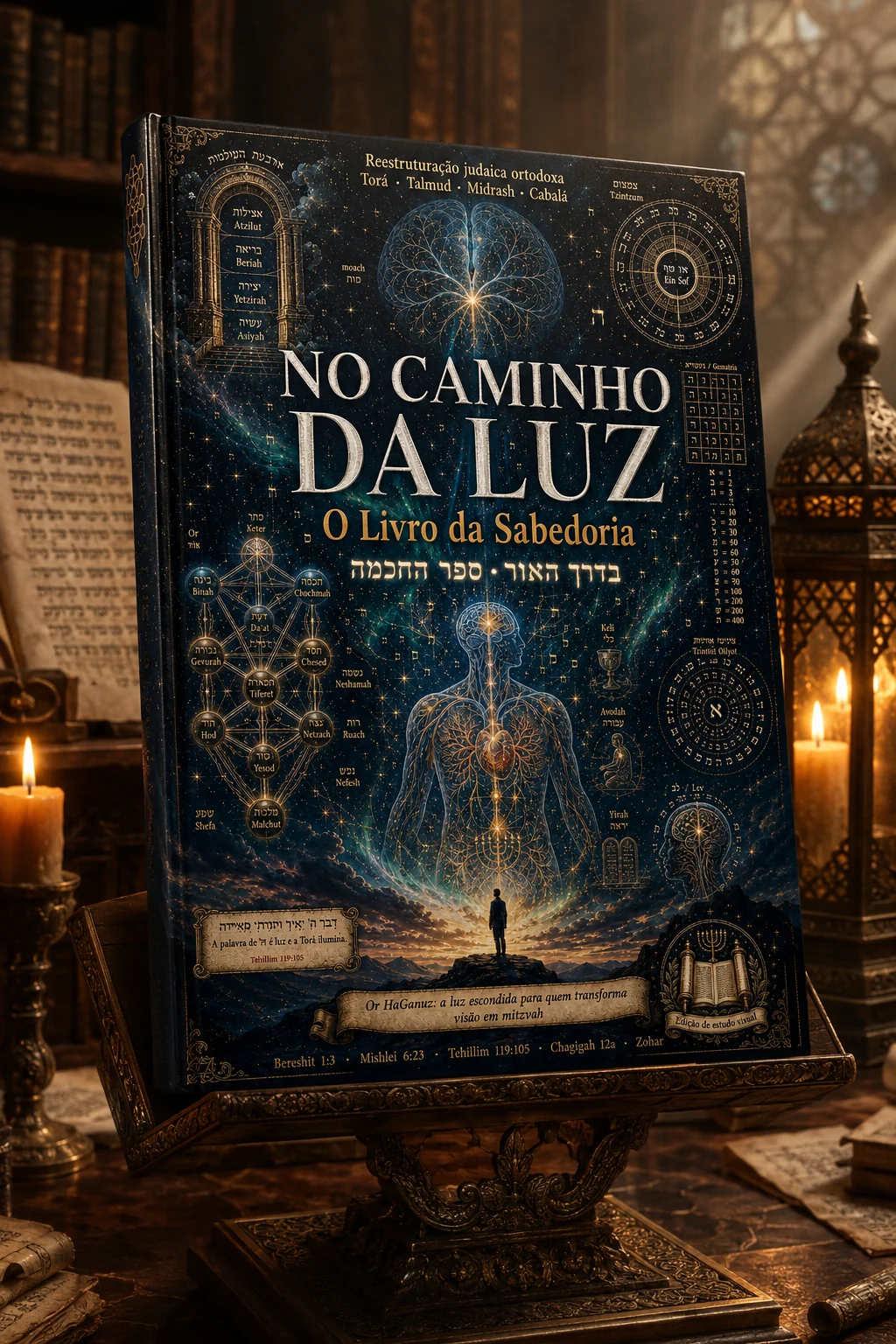 Livro No Caminho da Luz exposto em um atril